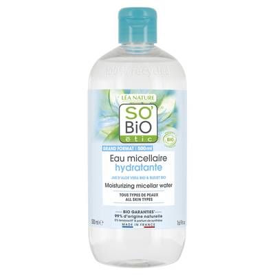 SO'BIO ETIC Eau micellaire hydratante, jus d'Aloe vera bio équitable, tous types de peaux, 500ml