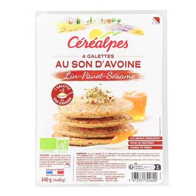Céréalpes Galettes au Son d'Avoine Lin, Pavot, Sésame Bio, 4x60g