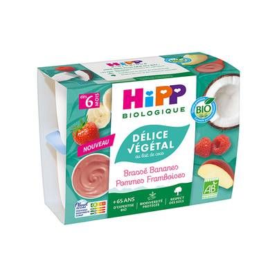 Hipp - Délice Végétal Brassé Végétal Pommes Bananes Framboises Bio Coupelle Bébé Dès 6 mois, 4x100g