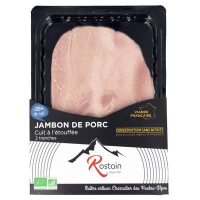Rostain Jambon Bio Taux de Sel Réduit Conservation sans Nitrite, 2 tranches - 80g