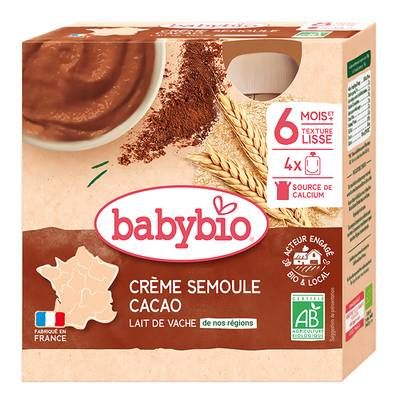 Babybio Dessert Lacté Crème semoule cacao Bio Gourde Bébé Dès 8 mois, 4x85g