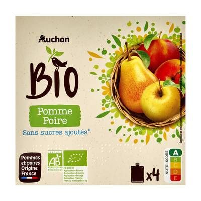 Auchan BIO Gourdes purée de pomme poire sans sucres ajoutés bio, 4x90g