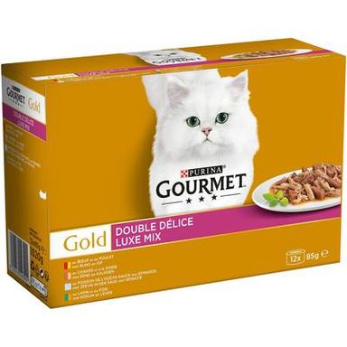 Purina - Gourmet Gold Boites Double Délice Bœuf-Poulet, Lapin-Foie, Poisson-Sauce Epinards, Canard-Dinde pour chat, 12x85g
