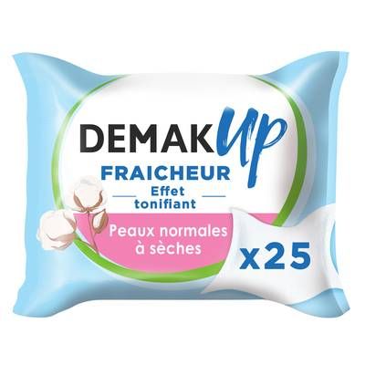 Demak Up Lingettes démaquillantes fraîcheur coton pour peaux sèches ou sensibles, 25 lingettes