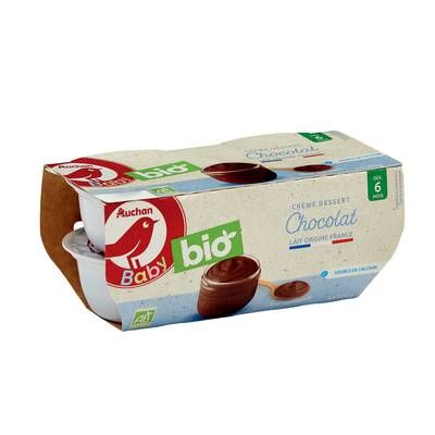 Auchan Baby Bio Dessert lacté Crème Chocolat Bio Coupelles Bébé dès 6 mois, 4x100g