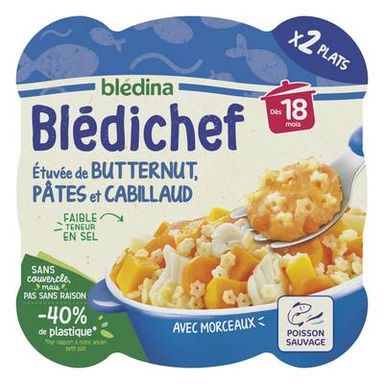 Blédina - Blédi'chef Etuvée de Butternut Pâtes Cabillaud Assiette Bébé Dès 18 mois, 2x250g