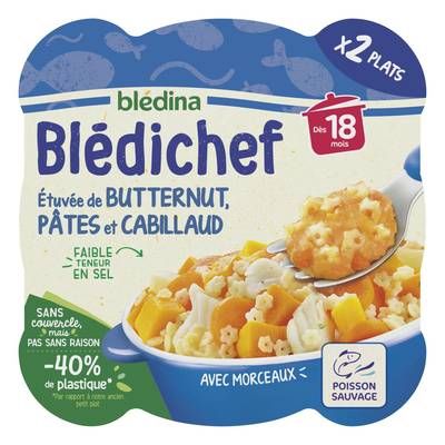 Blédina - Blédi'chef Etuvée de Butternut Pâtes Cabillaud Assiette Bébé Dès 18 mois, 2x250g