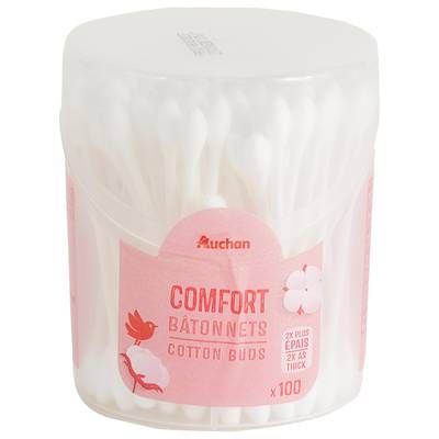 Auchan Cotons-tiges confort en boîte avec tiges en papier, 100 coton-tiges
