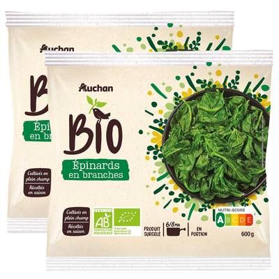 Auchan BIO Epinards en branches bio, en portions, Lot de 2x600g