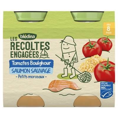 Blédina - Les Récoltes Engagées Tomate Boulgour Saumon Sauvage MSC Pot Bébé Dès 8 mois, 2x200g