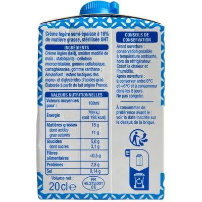Auchan Crème légère semi-épaisse 18%mg UHT, 3x20cl