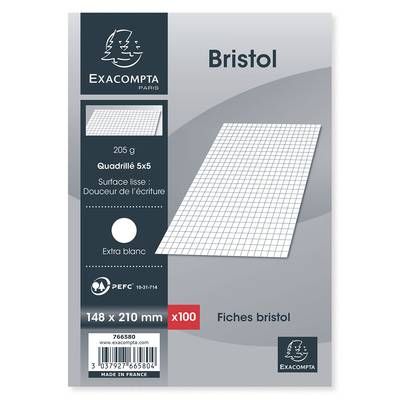 Exacompta Fiches bristol 14,8 x 21 cm blanches à petits carreaux non perforées, 100  fiches