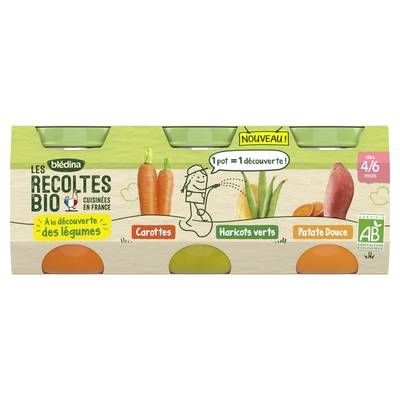 Blédina - Les Récoltes Bio Carottes, Haricots verts, Patates Douces Bio Pots Bébé Dès 4 mois, 3x130g