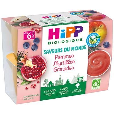 Hipp - Saveurs du Monde Pommes Myrtilles Grenade Bio Coupelle Bébé Dès 6 mois, 4x100g