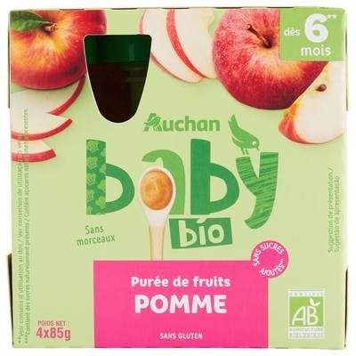 Auchan Baby Bio Purée de fruits Pomme Bio Gourdes Bébé dès 6 mois, 4x85g