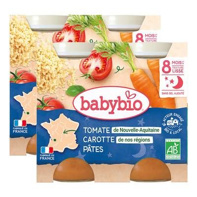 Babybio Compotée de Carotte des Landes, Tomate, Pâtes Bio Pot Bébé Dès 8 mois, Lot de 2 - 2x200g