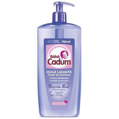 Cadum Huile lavante bébé Corps et Cheveux Hypoallergénique Camomille et Fleur D'Oranger Bonne Nuit, 750ml