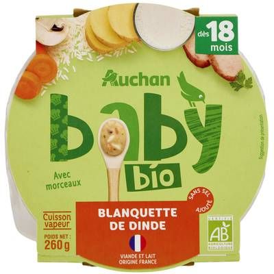Auchan Baby Bio Blanquette de dinde Bio Assiette bébé dès 18 mois, 260g