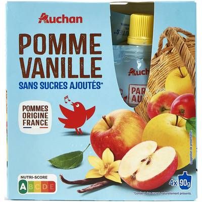Auchan Gourdes purée de pomme vanille sans sucres ajoutés, 4x90g