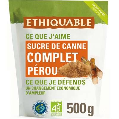 Ethiquable - Commerce Equitable Sucre complet de canne en poudre Bio du Pérou, 500g
