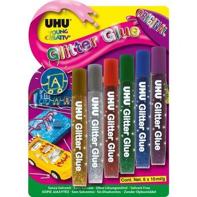 Uhu Stylos de colle glitter glue original, 6  stylos