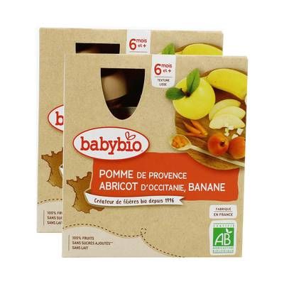 Babybio Pomme, Abricot, Banane Bio Gourde Bébé Dès 6 mois, Lot de 2 - 4x90g