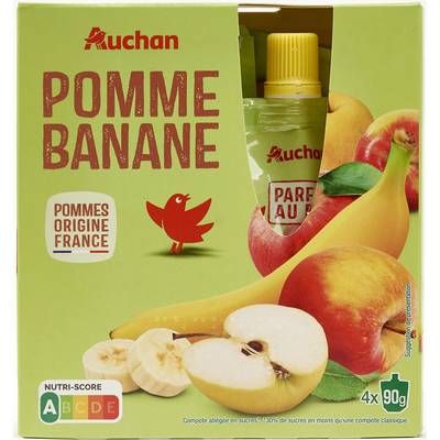Auchan Gourdes compote pomme banane allégées en sucres sans conservateur, 4x90g