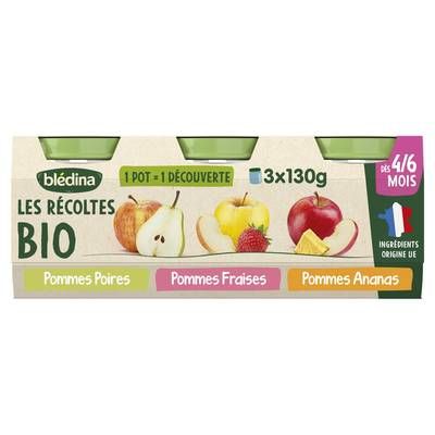 Blédina - Les Récoltes Bio Pomme Poire Fraise Ananas Bio Pot Bébé Dès 4 mois, 3x130g