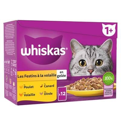 Whiskas Sachets en gelée Festins à la volaille 4 variétés pour Chat adulte, 12x85g