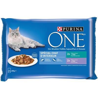 Purina - One Sachets en sauce Effilés veau et thon pour chat d'intérieur, 4x85g