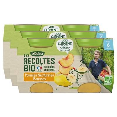 Blédina - Les Récoltes Bio Pomme Nectarine Banane Bio Pot Bébé Dès 6 mois, Lot de 3 - 2x130g
