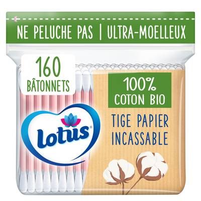 Lotus Coton-tiges avec tiges en papier et coton Bio, 160 cotons-tiges