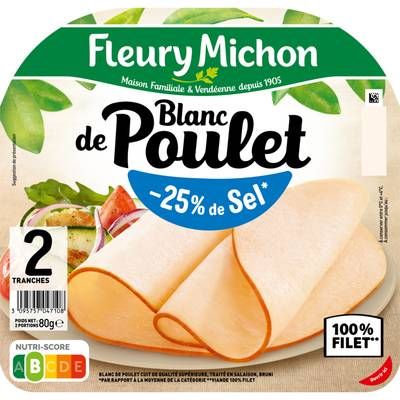 Fleury Michon Blanc de Poulet Taux de Sel Réduit, 2 tranches - 80g