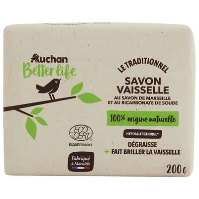Auchan Better Life Savon vaisselle solide au savon de Marseille et bicarbonate de soude, 200g