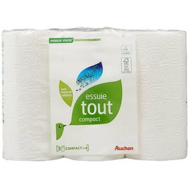 Auchan Mieux Vivre Essuie-tout blanc compact écologique, 3 rouleaux