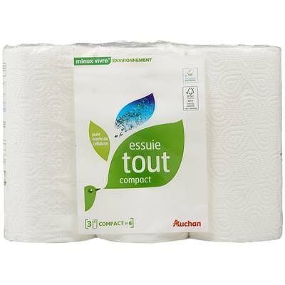 Auchan Mieux Vivre Essuie-tout blanc compact écologique, 3 rouleaux