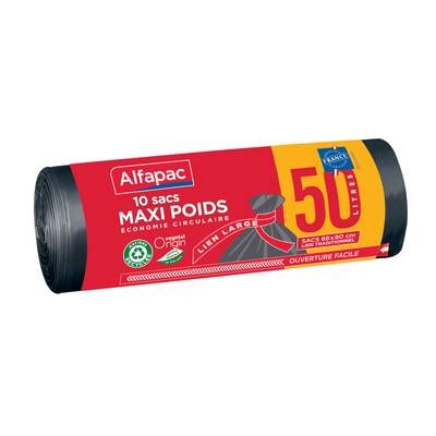 Alfapac Sacs poubelle 50L maxi poids à liens Vegetal Origin®, 10 sacs de 50L