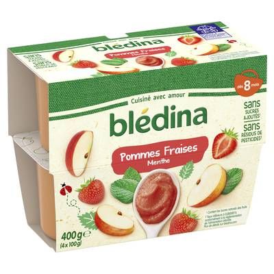 Blédina Pomme Fraise Menthe Coupelle Bébé Dès 8 mois, 4x100g