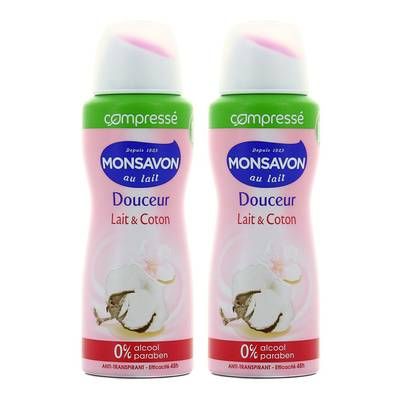Monsavon Déodorant compressé 48h lait et coton, Lot de 2x100ml