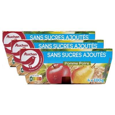 Auchan Pomme poire sans sucres ajoutés, Lot de 3 - 4x100g
