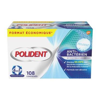 Polident Nettoyant pour prothèses dentaires antibactérien, 108 pièces
