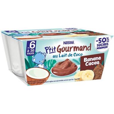 Nestlé - P'tit Gourmand Dessert au Lait de Coco Banane Cacao Coupelle Bébé dés 6 mois, 4x90g