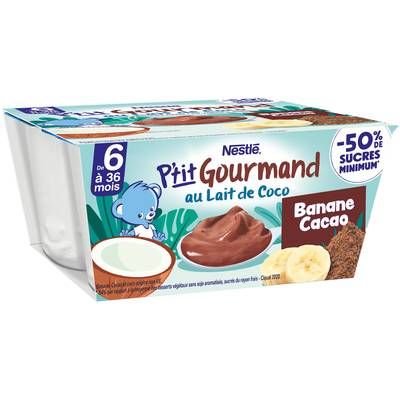 Nestlé - P'tit Gourmand Dessert au Lait de Coco Banane Cacao Coupelle Bébé dés 6 mois, 4x90g