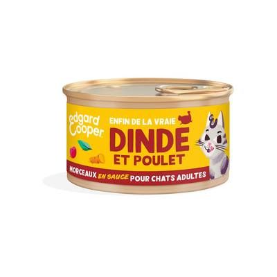 Edgard Cooper Boîte Morceaux en sauce Dinde et Poulet sans céréales pour Chat Adulte, 85g