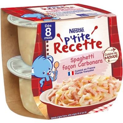 Nestlé - P'tite Recette Spaghetti Façon Carbonara Bol Bébé dès 8 mois, 2x200g