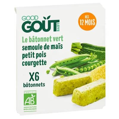 Good Goût 6 Bâtonnets verts Bio- Semoule de maîs, petits pois, courgettes Bébé dès 12 mois, 6x22g