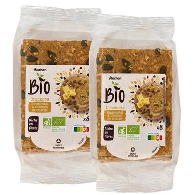 Auchan BIO Crackers emmental et graines de courge bio x8, Lot de 2x200g