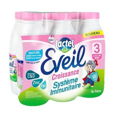 Lactel Eveil Lait de Croissance 3ème âge Système Immunitaire Liquide pour Bébé Dès 12 mois, 6x1L