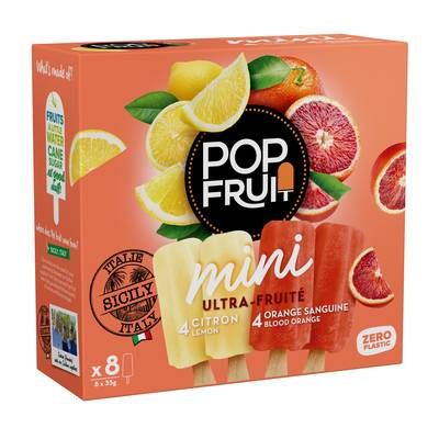 Pop' Fruit Minis sorbets citron orange sanguine de Sicile, 8 bâtonnets - 280g