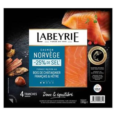 Labeyrie Saumon Fumé Le Savoureux de Norvège, Taux de Sel Réduit, 4 tranches - 130g